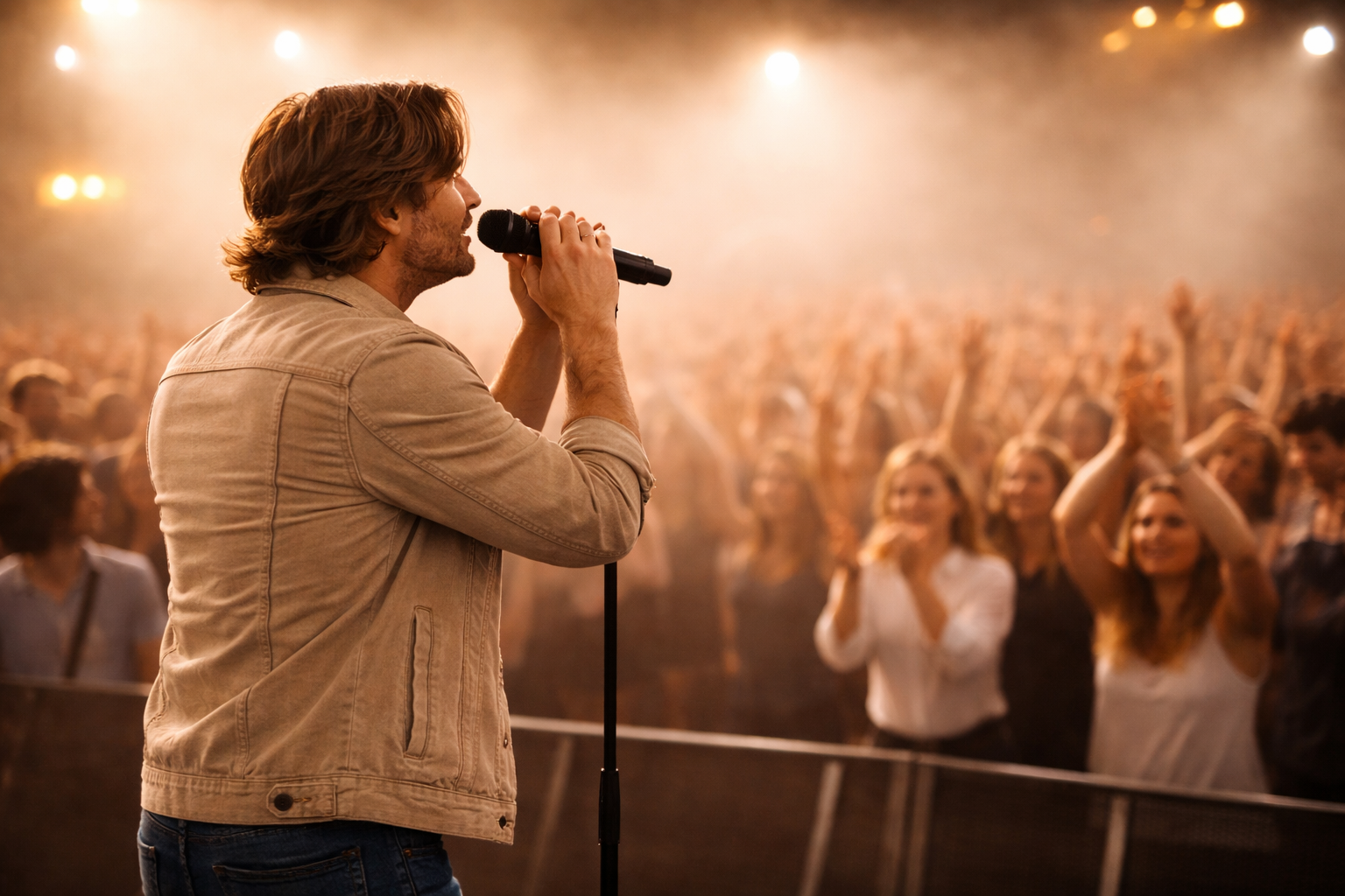 Sänger auf der Bühne vor begeistertem Publikum